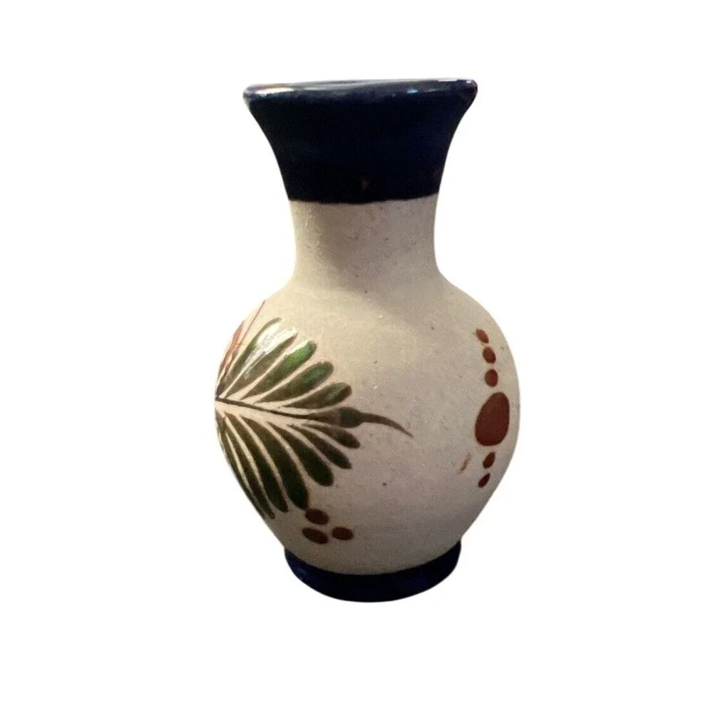 Tonala Hand Painted Mexican Pottery‎ Bud Vase With Flowers & Leaves 4” Tall
